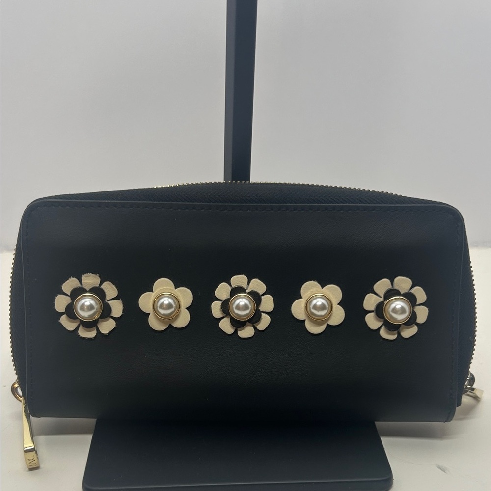 Zac Posen Black Wallet with Cream Floral Accents